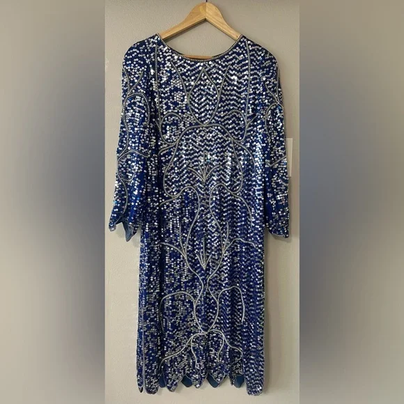 Vintage Blue Sequin Beaded Silk Dress Art Deco Midi Party Formal - Picture 4 of 16